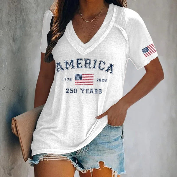 Women's “America 250 Years” Patriotic Graphic V-Neck Hooded T-Shirt · 5 Colours · S–XXXL