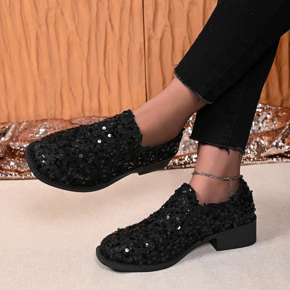Women's Black Sequin Loafers | Slip-On & Block Heel | Braviixx