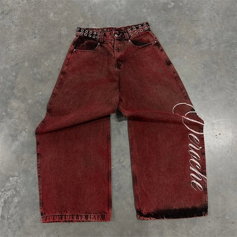 Vintage 2000s Washed Red Rivet Waist Belt Jeans Casual Denim Pants Straight Wide Leg Jeans Harajuku Y2k Women Clothing