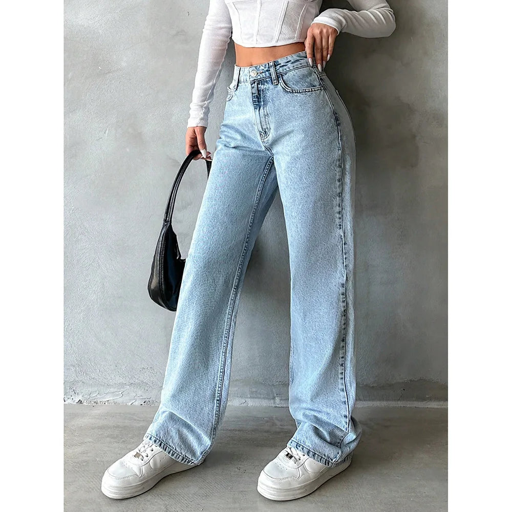 2026 Jeans Wide Leg Pants Women Streetwear High Waist Washed Distressed Pockets Vintage Full Length Denims Basis Trousers