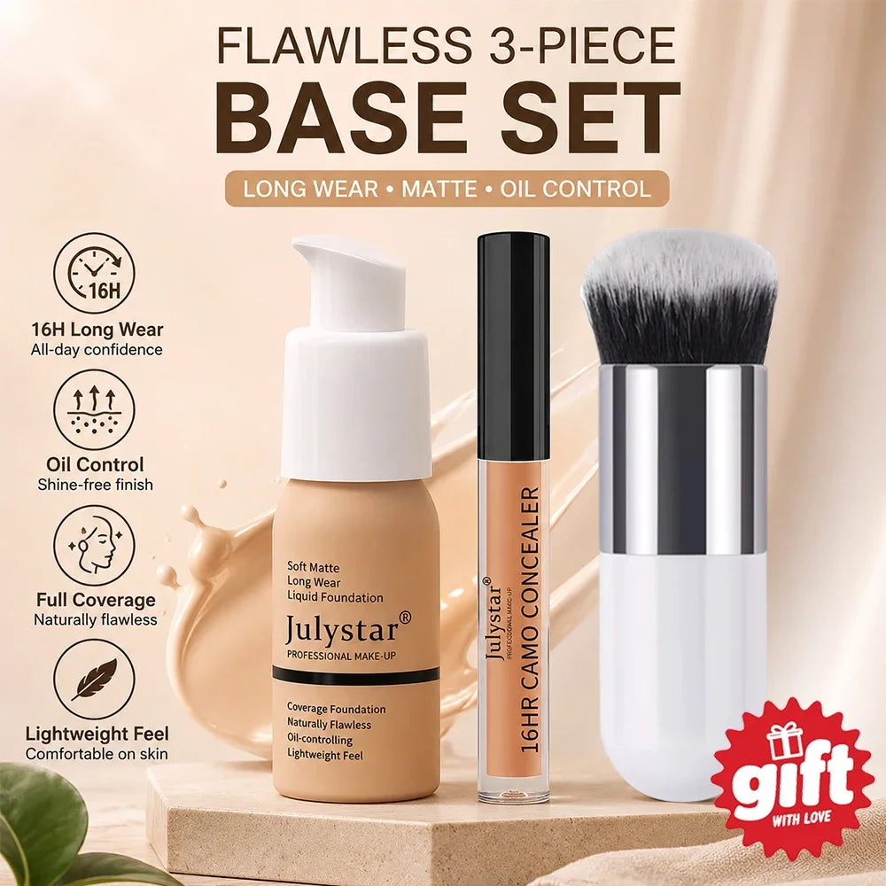 3-Piece Foundation & Concealer Makeup Kit | Brush Included | Braviixx