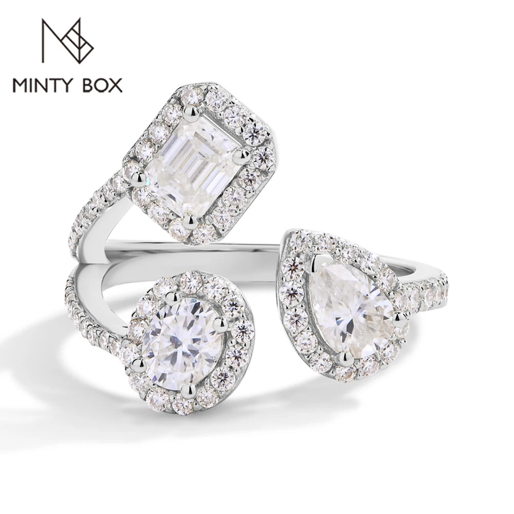 Women's Moissanite Open Ring | Three Mixed-Shape Halos | Braviixx