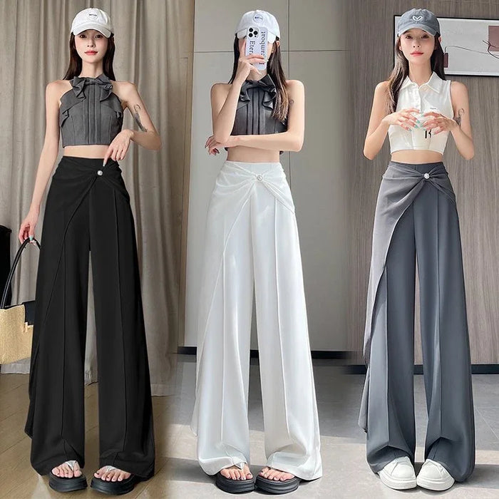 Women's Satin Wide-Leg Pants High-Waisted with Twist Detail Rhinestone Buckle