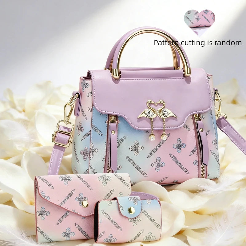 Women's Swan Charm Gradient PU Handbag 3-Piece Set | Shoulder · Crossbody · Wallet | 5 Colours | Braviixx