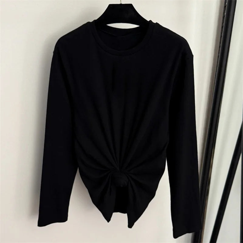 Women's t-shirt 2026 Summer New Stretch Knitted Slimming Women's Long Sleeve Top pure cotton round neck pullover y2k Top women