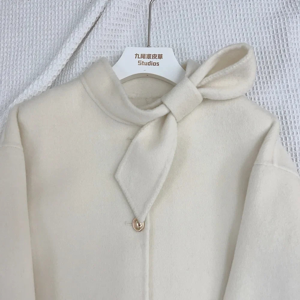 Women's Bow-Neck Short Coat | Fluffy Cuffs & Button Front | Braviixx