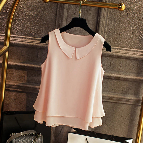 Peter Pan Collar Chiffon Blouse | Sleeveless Double-Layer Loose Top