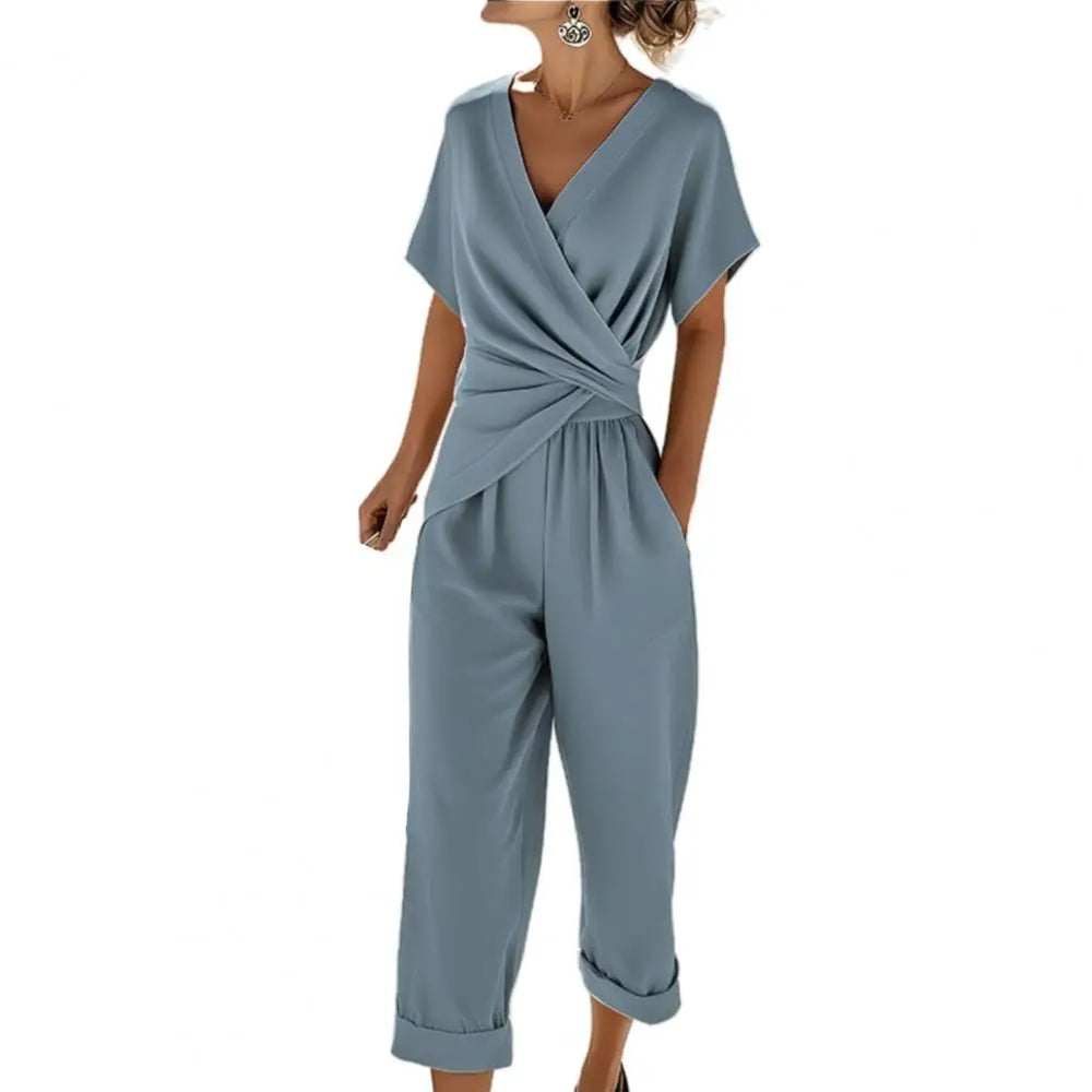 Summer Fashion Solid Women's Two Pieces Set Elegant V Neck Slim Office Suit Casual Pleated Irregular Top And Pants Female Outfit
