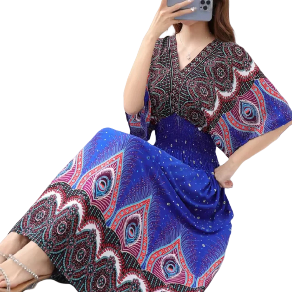Vintage Print Midi Dress | V-Neck & Shirred Waist | Braviixx