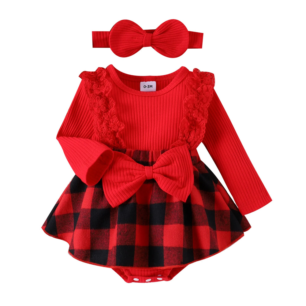 Newborn Baby Girl Plaid Christmas Romper with Headband | 0–12M | Braviixx