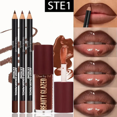 4-Piece Waterproof Matte Lip Kit | 3 Lip Liners + 1 Lip Glaze