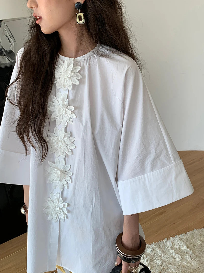 CHEERART Designer Cotton White Oversized Shirt For Woman Applique Half Sleeve Button Up Shirts Blouse 2026 Fashion Clothes