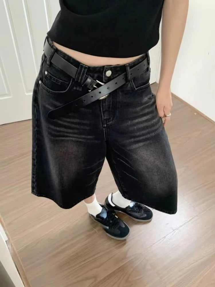 2026 Summer Y2k Retro Women Low Waisted Wash Cropped Baggy Jeans Wide Leg Frayed Denim Short Pants Korean Fashion Pants