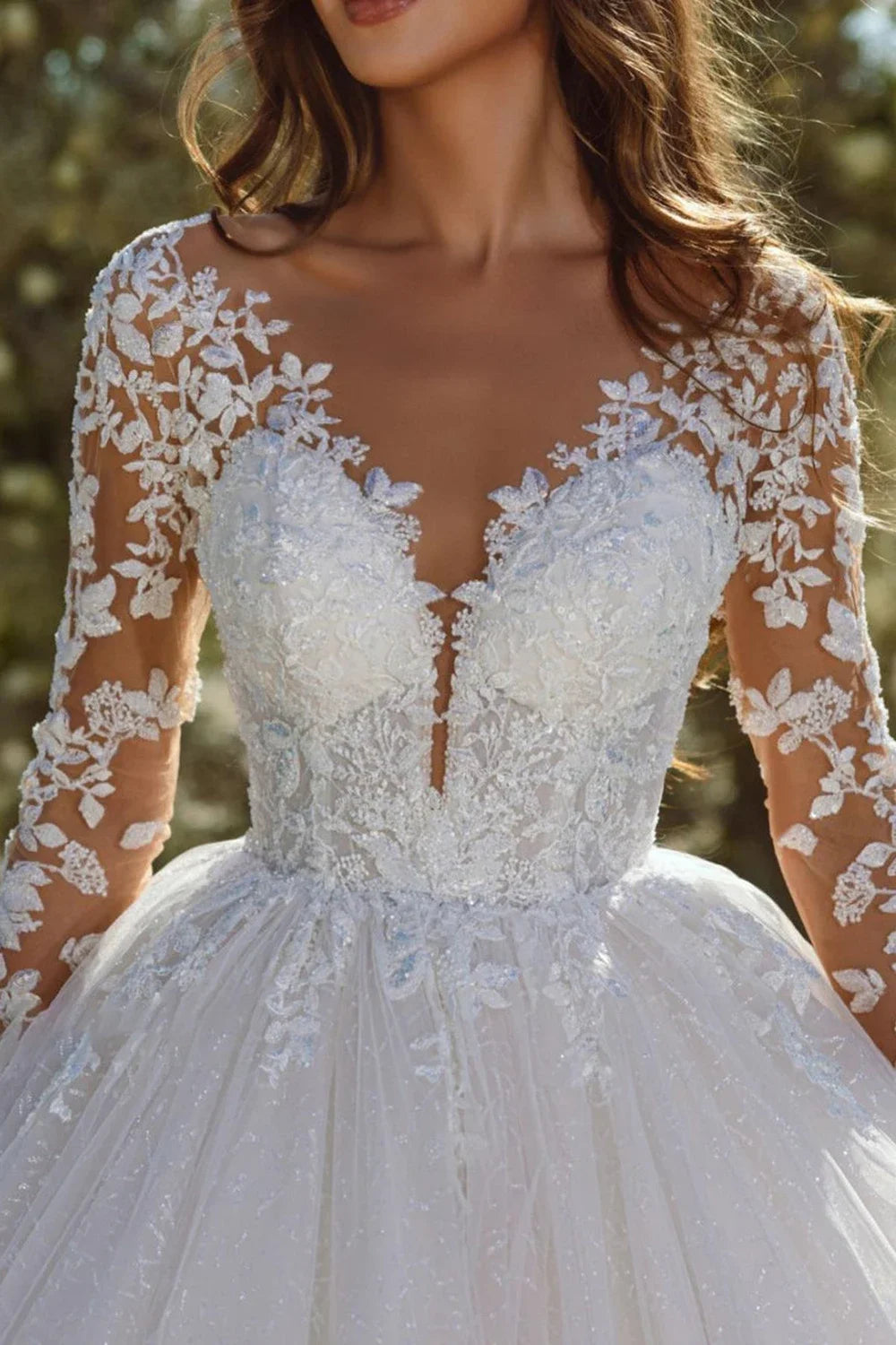Glitter Tulle Wedding Dress | Floral Illusion Sleeves | Braviixx