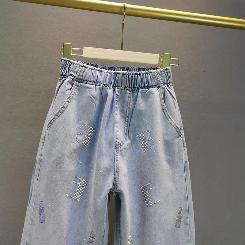 High waisted Jeans For Summer 2026 New Loose Elastic waist Hot pressed Diamond Pants Women's Casual Denim Trousers