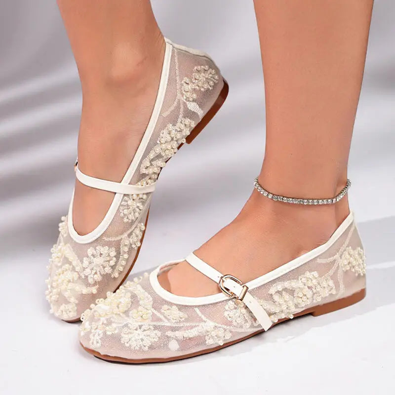 Luxury Pearl Flower Beige Black Ballet Flats Women Summer 2026 Breathable Lace Buckle Decorat Mary Jane Shoes Woman's Soft Pumps