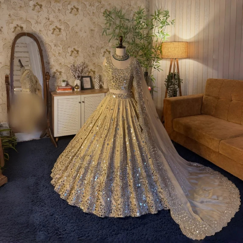 Champagne Sequin Applique Lehenga Set | Two-Piece Indian Evening Gown with Dupatta | Braviixx