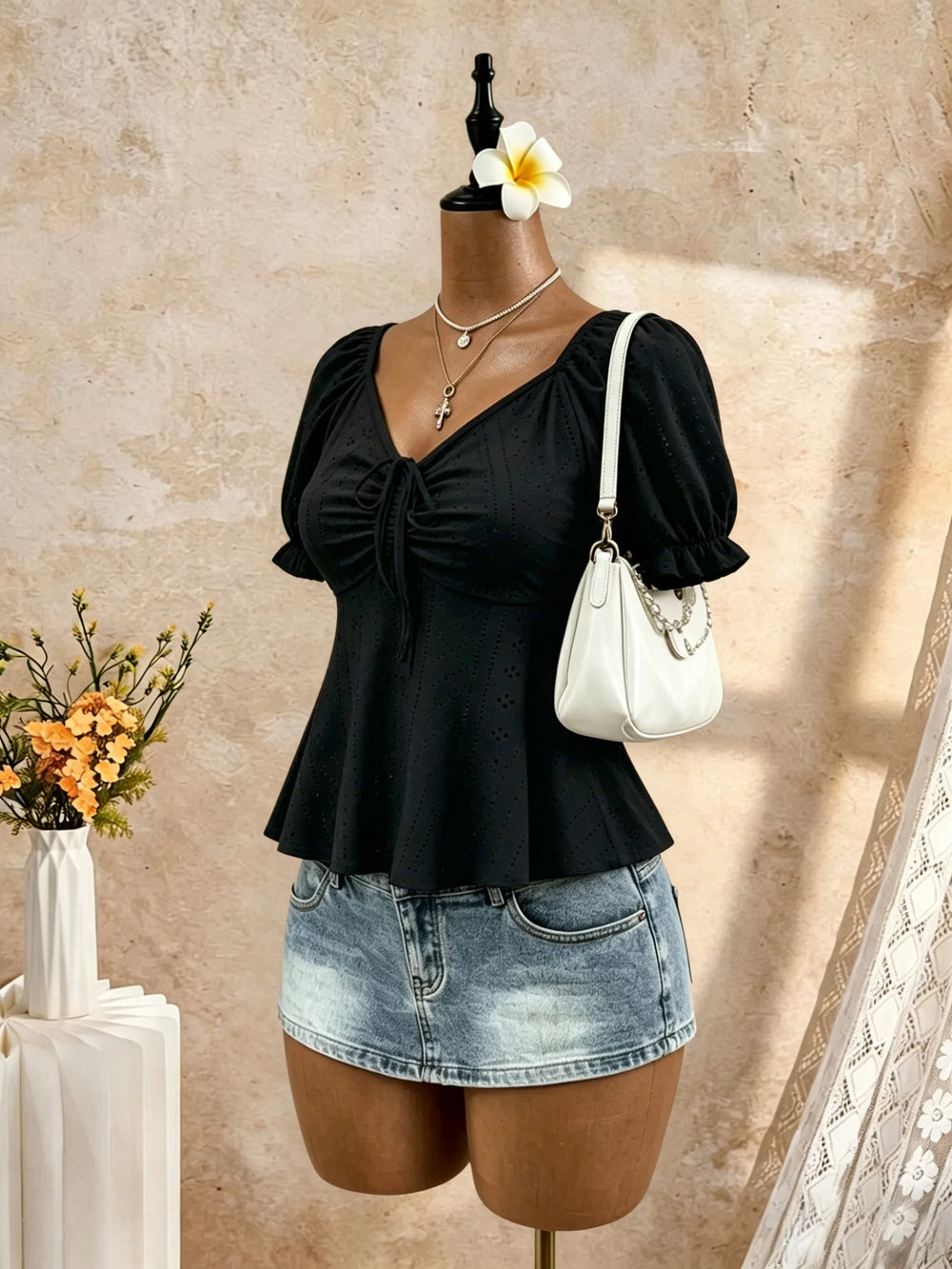 2 Pack Multi-color Women V Neck Puff Short Sleeve Drawstring Ruched Eyelet Embroidery Peplum Blouse 2026 Summer Y2K Casual Vacat