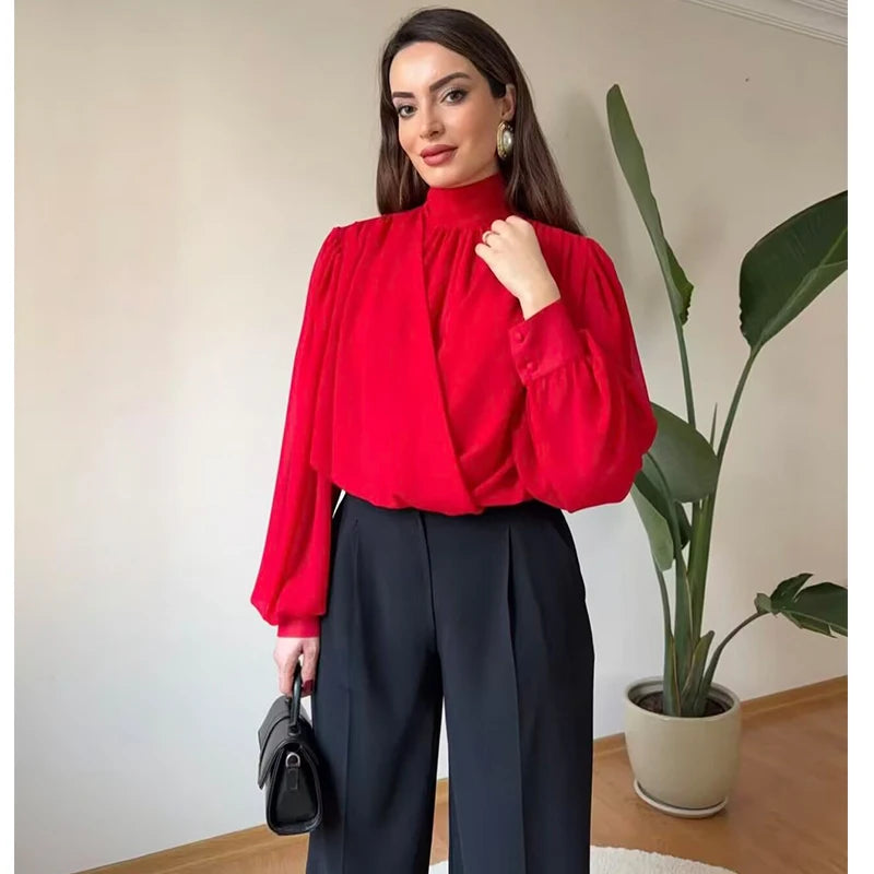 Women's 2026 New Perspective Shirts Tops Fashion Loose Long-Sleeved Elegant Spring Blouses Chic Youth Street Travel Blouses Tops