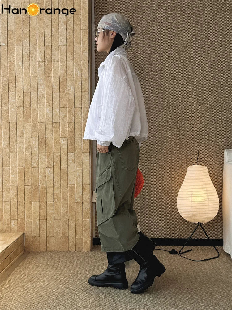 HanOrange 2026 Summer High Waist 3D Pleated Pocket Calf-Length Jeans Women Loose Cropped Denim Capris Military Green/Blue