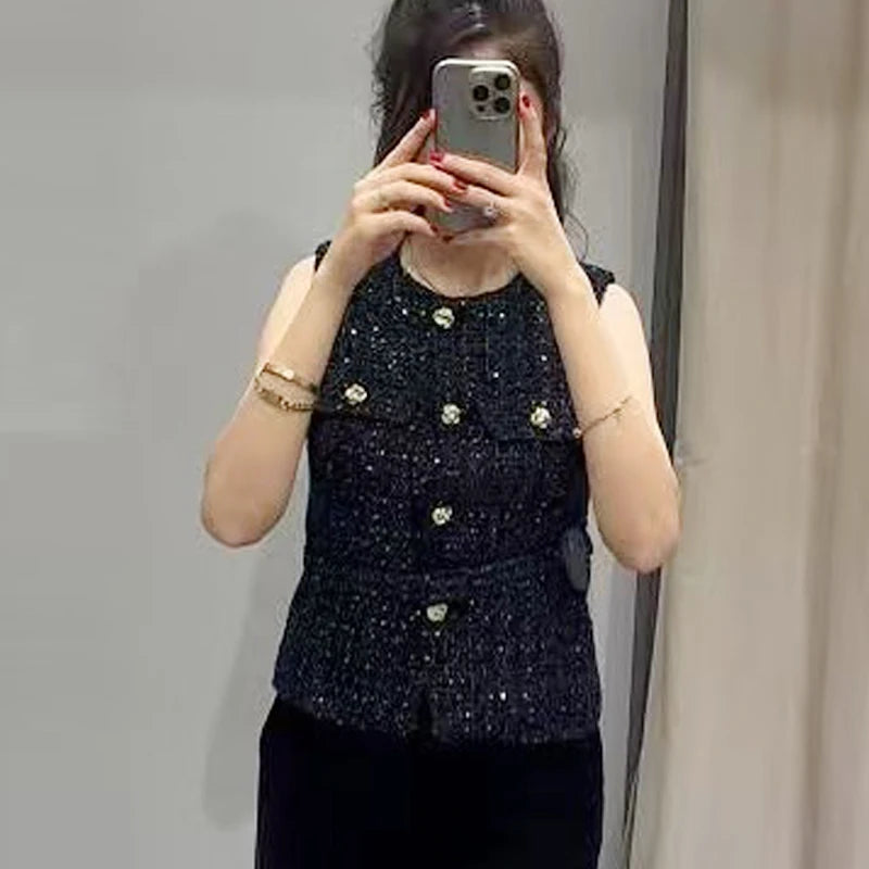 HXAO Women's Vest Summer 2025 Blue Off White Black Vest Textured Waistcoat Woman Button Sleeveless Vest Women Fashion Outerwears