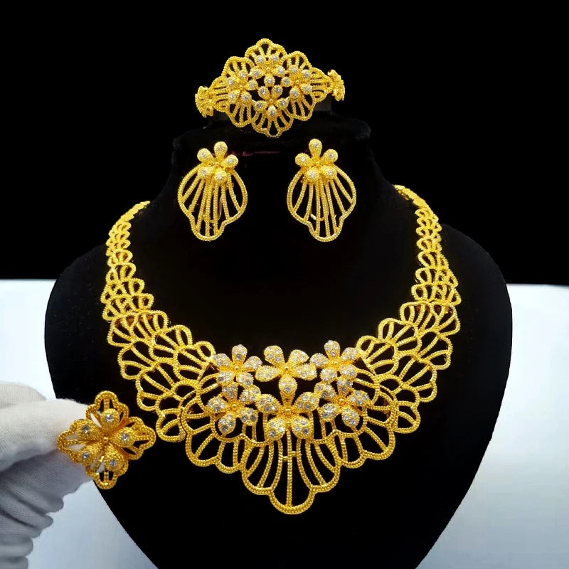 Gold-Tone Bridal Jewelry Set | Necklace, Earrings, Bracelet & Ring | Braviixx