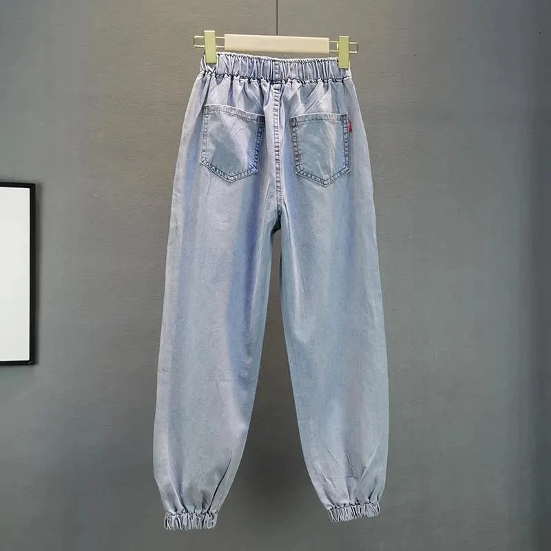 High waisted Jeans For Summer 2026 New Loose Elastic waist Hot pressed Diamond Pants Women's Casual Denim Trousers