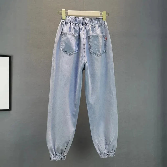 High waisted Jeans For Summer 2026 New Loose Elastic waist Hot pressed Diamond Pants Women's Casual Denim Trousers
