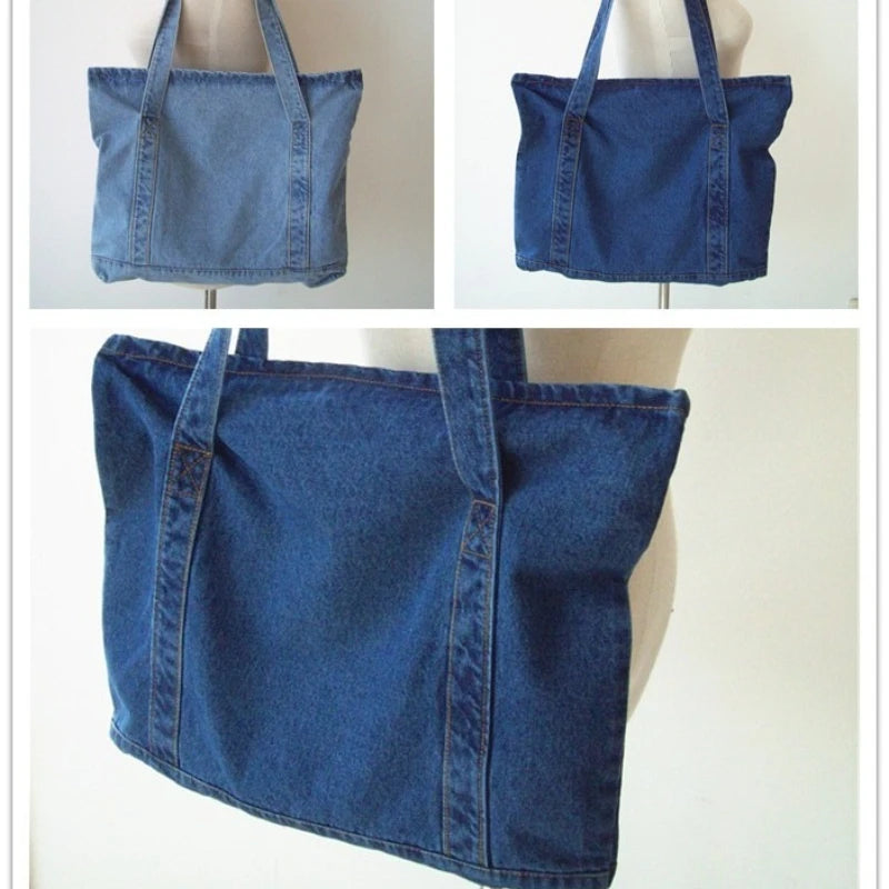 Women's Large Capacity Denim Tote Bag | Zipper · Front Pocket · Shoulder Bag | Dark Navy · Sky Blue | Braviixx