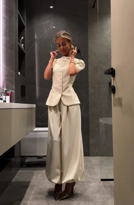 Elegant Solid Satin Coat Women Chic Round Neck Puff Short Sleeve Single Breasted Waist Cinching Jacket 2026 Lady Street Top