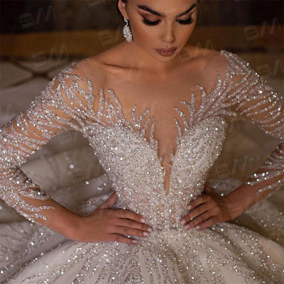 Beaded Long Sleeve Wedding Ball Gown | Chapel Train | Braviixx
