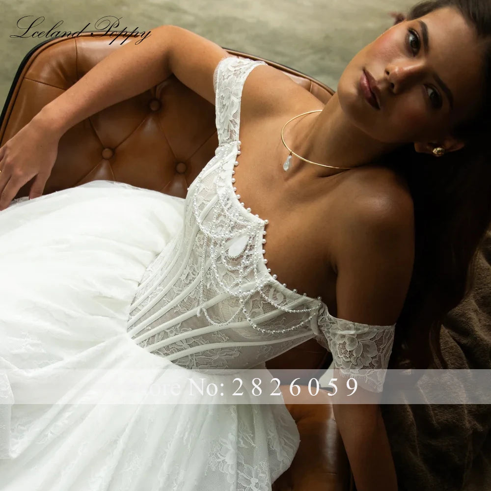 Off-Shoulder Beaded Lace Wedding Dress | A-Line | Braviixx