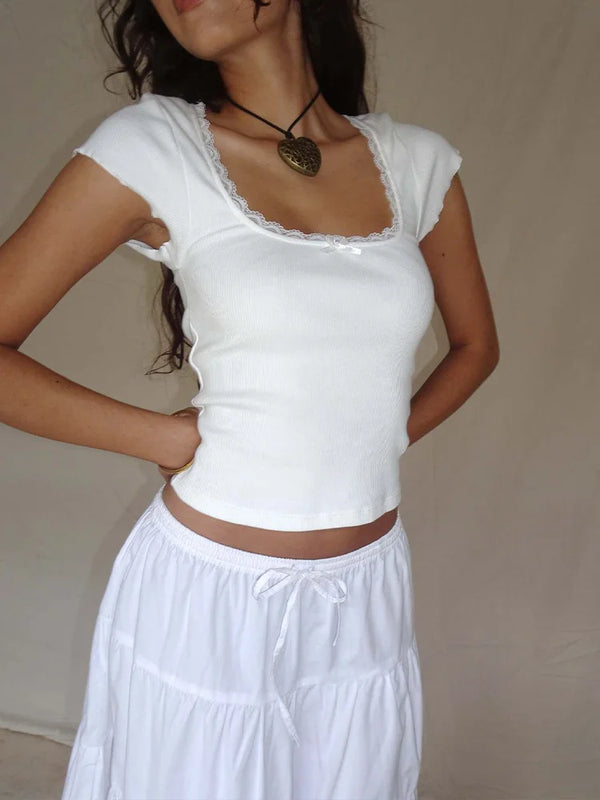 Women's Y2K Lace Trim Bow Ribbed Crop Top · White / Black / Pink · S–L