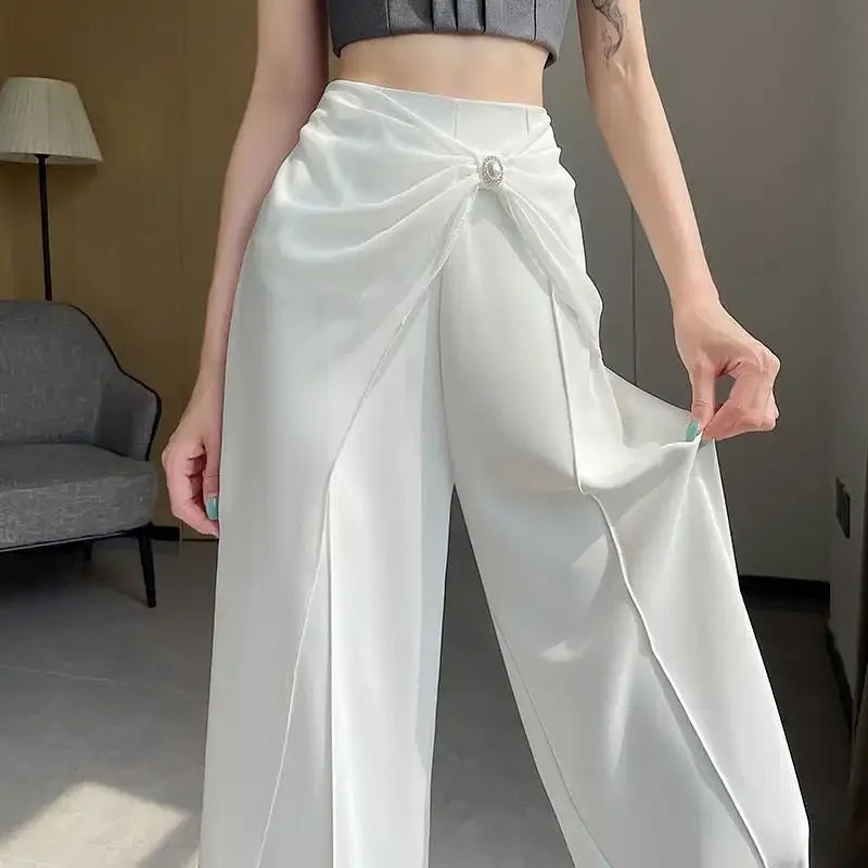 Women's Satin Wide-Leg Pants High-Waisted with Twist Detail Rhinestone Buckle