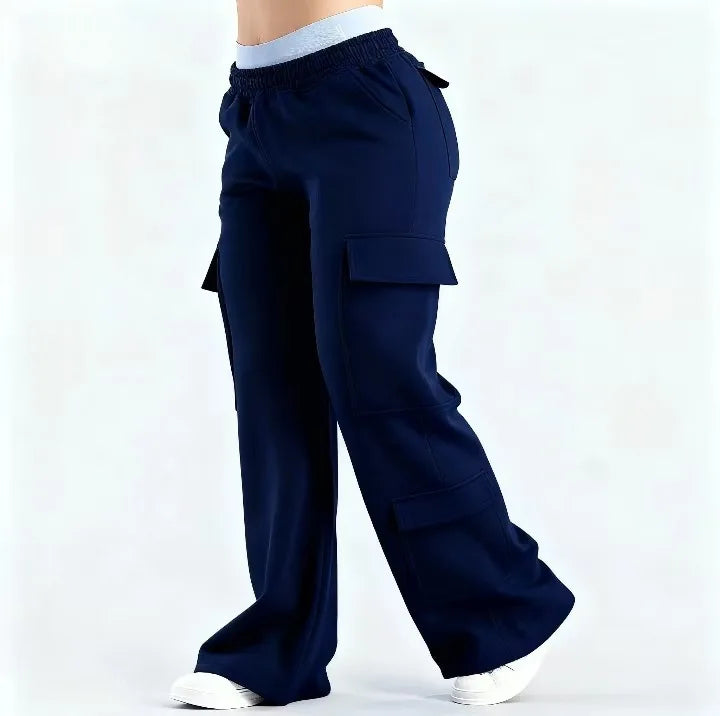 2026 Women‘s Wide Leg Cargo Pants Elastic Waistband with Large Pockets Casual Fitness Sportswear Y2k Long Pants