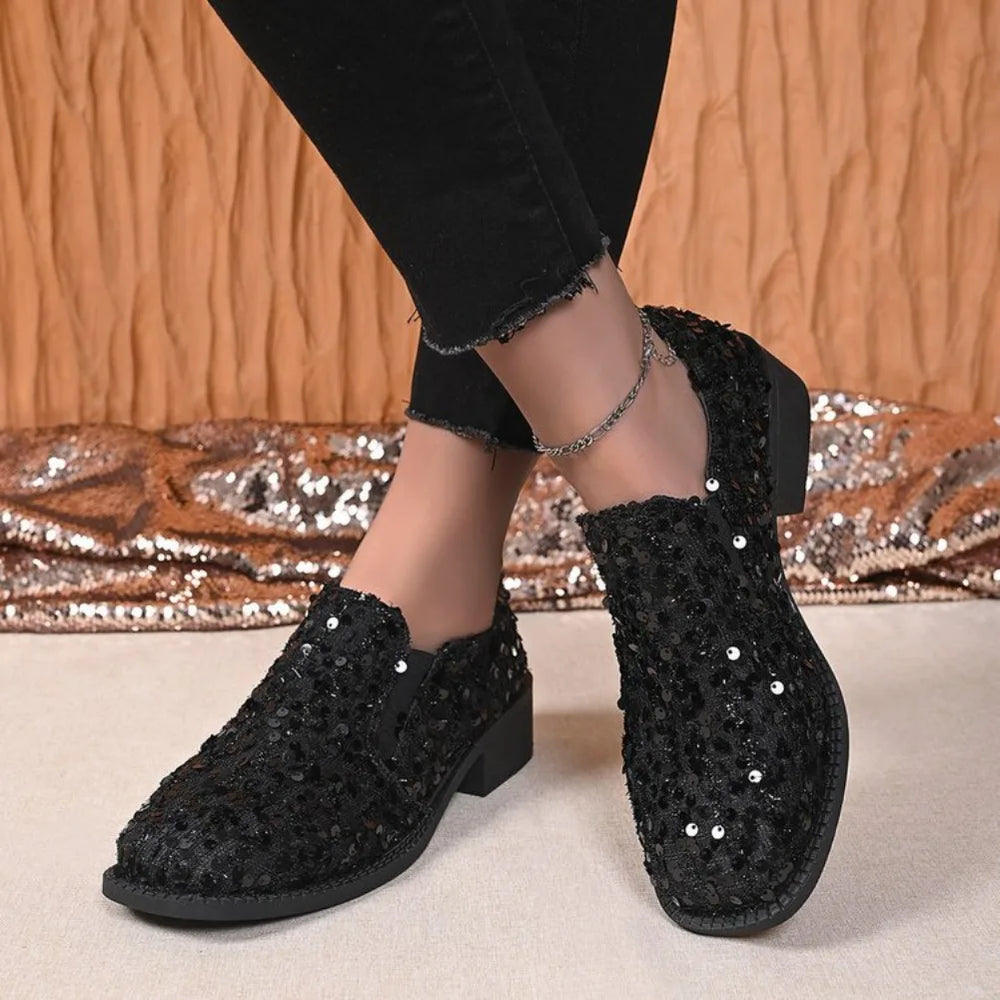 Women's Black Sequin Loafers | Slip-On & Block Heel | Braviixx