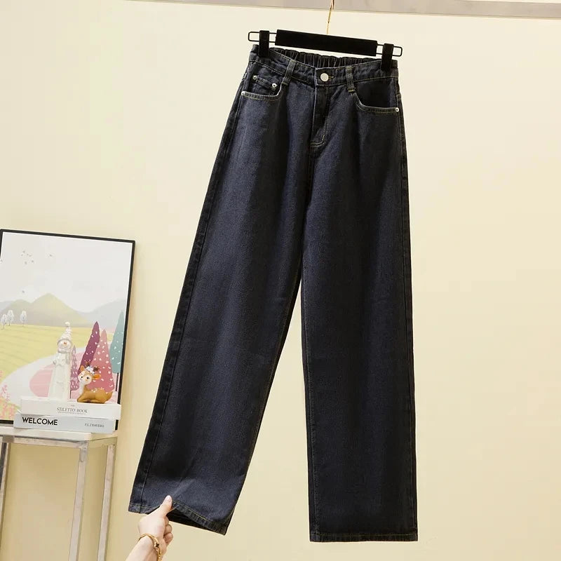 Women's High waisted Wide leg Jeans Autumn Winter 2026 New Loose Elastic waist Straight leg Pants Female Casual Denim Trousers