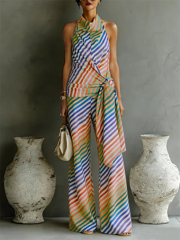 Yeezzi Women's Multicolor Diagonal Striped Palazzo Pants 2026 New Fashion Loose Casual High Waist Wide Leg Trousers Bottoms