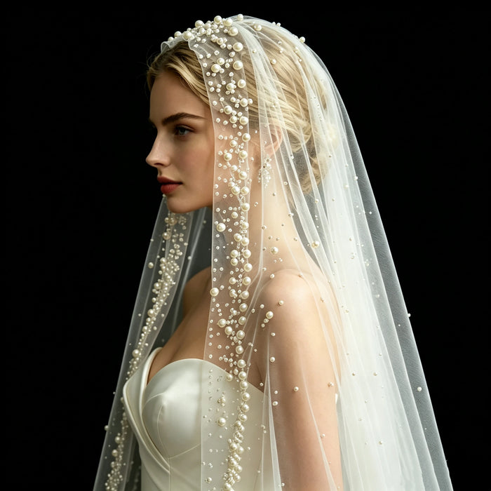 Pearl-Beaded Cathedral Bridal Veil | Single Tier with Comb | Braviixx