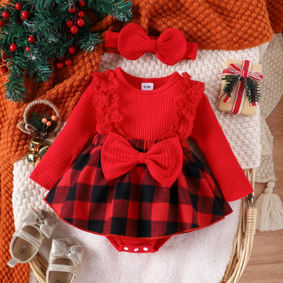 Newborn Baby Girl Plaid Christmas Romper with Headband | 0–12M | Braviixx