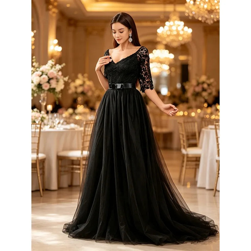 V-Neck Off Shoulder Lace Tulle A-Line Maxi Gown | Bridesmaid & Wedding Guest Dress