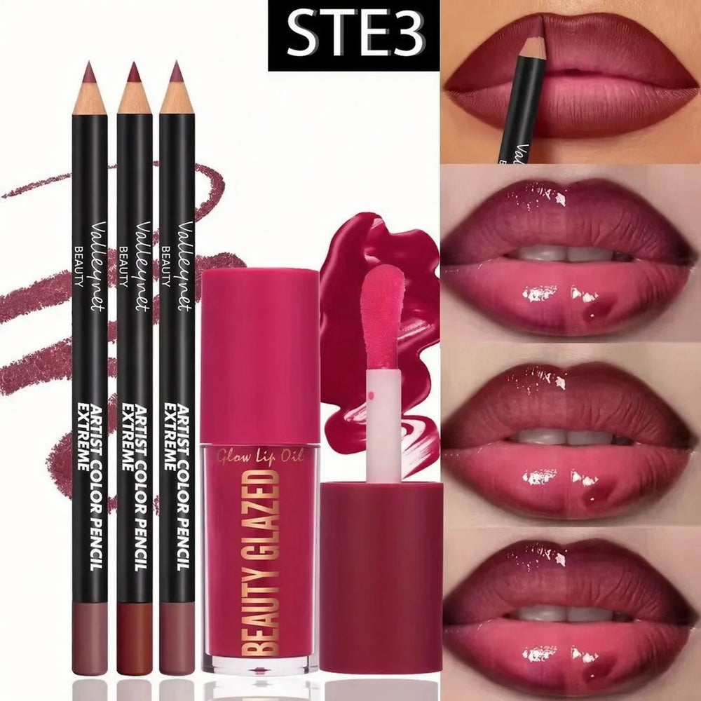 4-Piece Waterproof Matte Lip Kit | 3 Lip Liners + 1 Lip Glaze