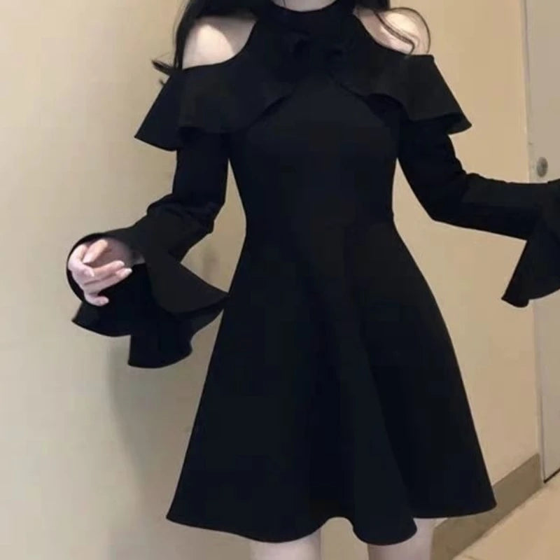 Off-the-shoulder Dress 2026 Women's Long-sleeved Thin Small Black Skirt