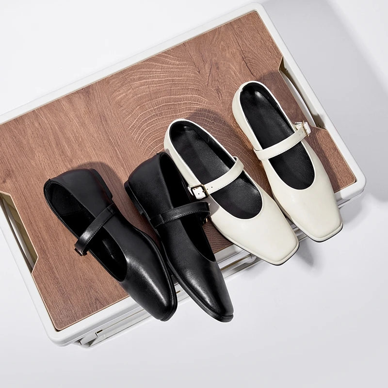 AIYUQI Mary Jane Shoes Female Genuine Leather 2026 New Snap Ballet Shoes Women Square Toe Flat Cowhide Ladies Shoes