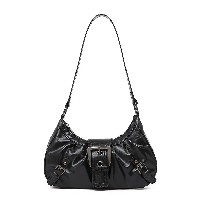 Pleated Hobo Shoulder Bag | Glossy Finish & Buckle Details | Braviixx