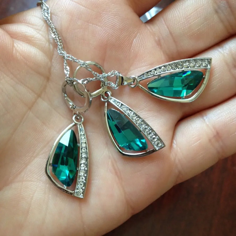 Women's Teal-Green Jewellery Set | Geometric Pendant & Drop Earrings | Braviixx
