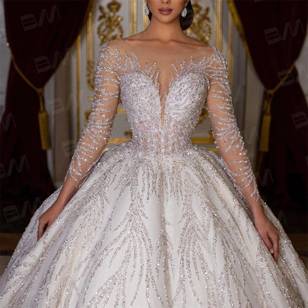 Beaded Long Sleeve Wedding Ball Gown | Chapel Train | Braviixx