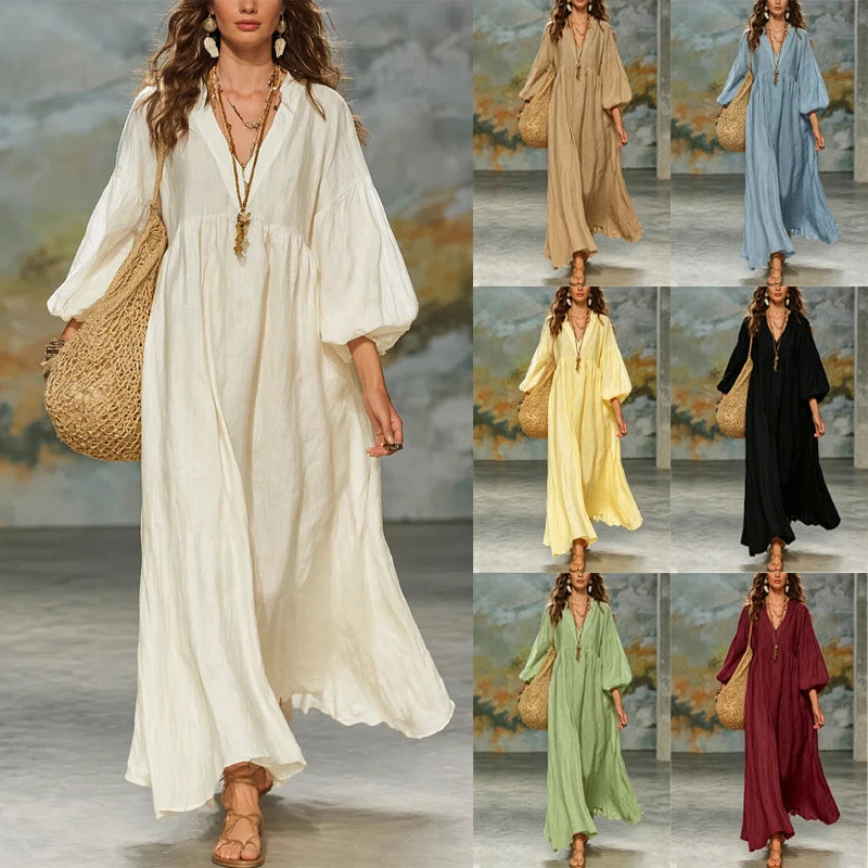 Women Bohemian Linen Maxi Dress V Neck Puff 3/4 Sleeve Loose Flowy Long Dress Casual Beach Vacation Sundress