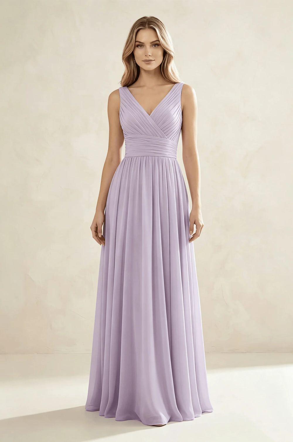 Deep V-Neck Sleeveless Chiffon A-Line Maxi Gown | Pleated Formal Wedding Guest Dress