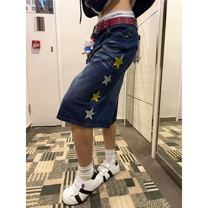 YIBASHU 2026 Summer Women American Retro Jorts Punk Denim Shorts Y2K 2000s Japanese Harajuku Blue Star Cargo Jeans Pants